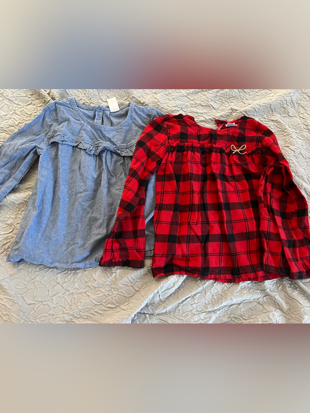 4T Girls Red & Black Plaid shirt with Blue Ruffled shirt  -2 shirt bundle